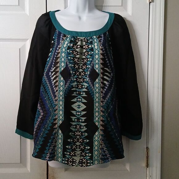 eci new york  black blue teal print sheer tunic Sz M EUC - Picture 1 of 7